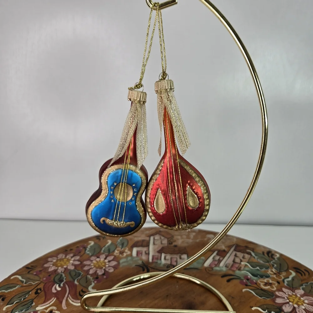 VTG Mercury Glass Hand Painted Mandolin Music Instruments Guitars ‎ Red Blue MCM